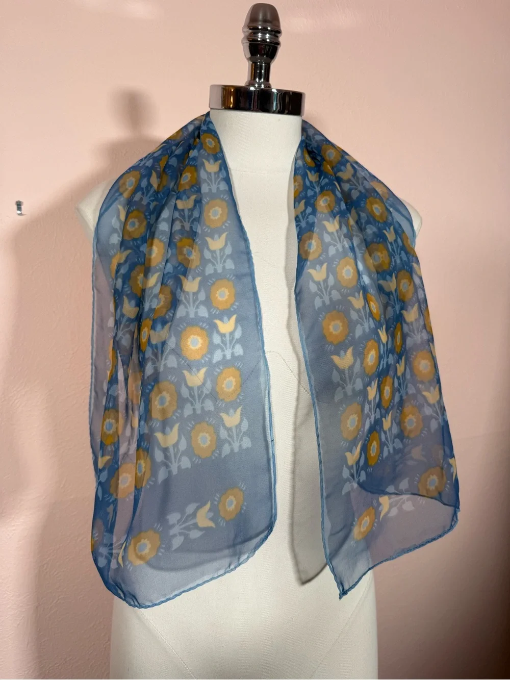 Vintage Cottagecore floral semi sheer blue tan long rectangular scarf